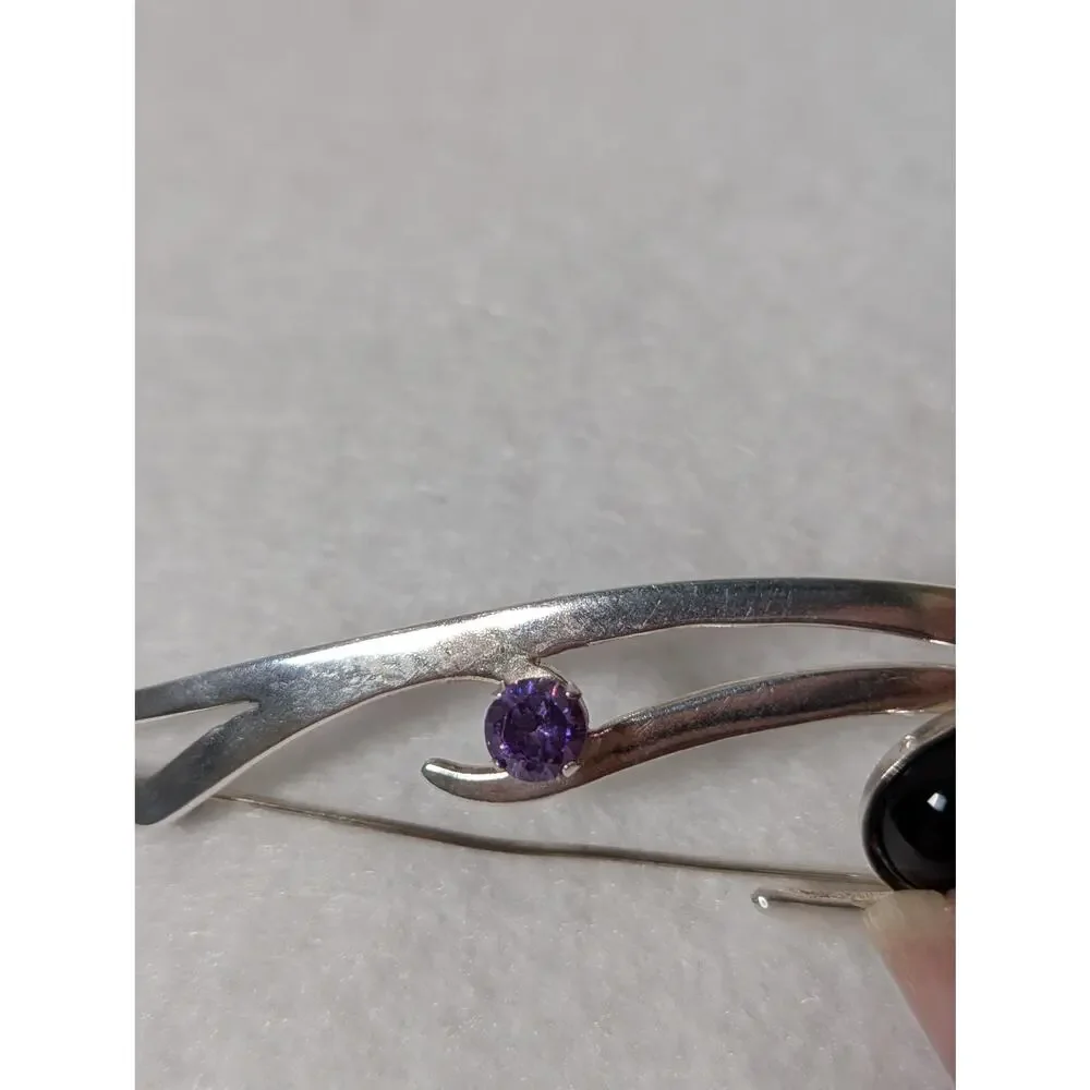 Sterling silver black onyx + amethyst Pin Handmade Large see photos measurements